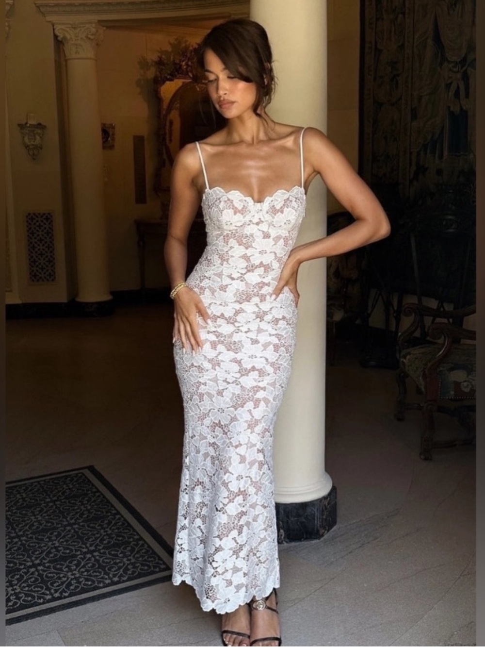 Angel Lane Pearla Lace Maxi White Lace Slip Dress with Spaghetti Straps Large